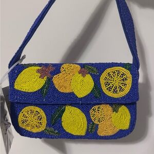Blue Beaded Lemon Design Shoulder Bag